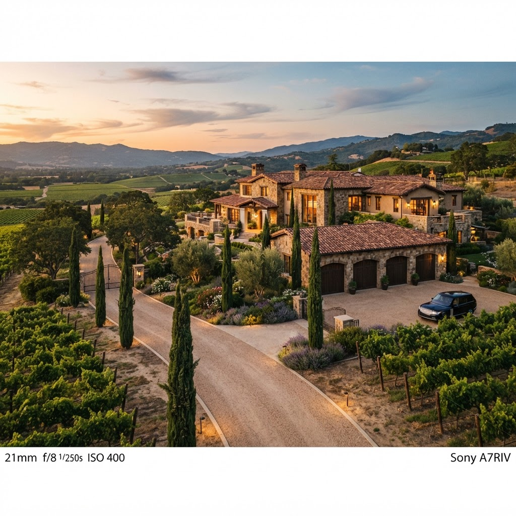 Napa Valley luxury home driveway leading to an estate