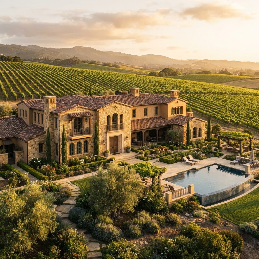 Napa Valley luxury estate at golden hour
