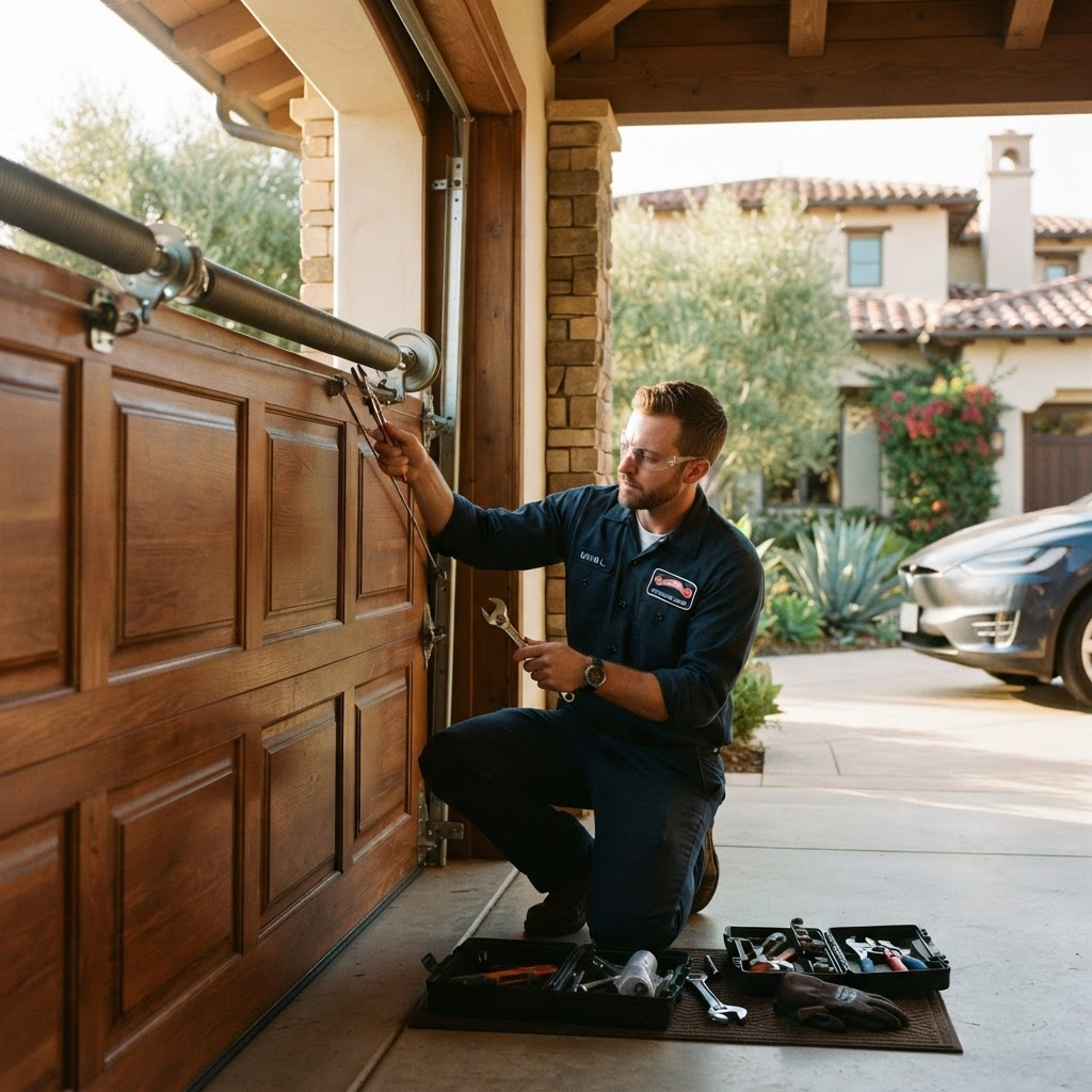 A Complete Garage Services technician working on a luxury garage door